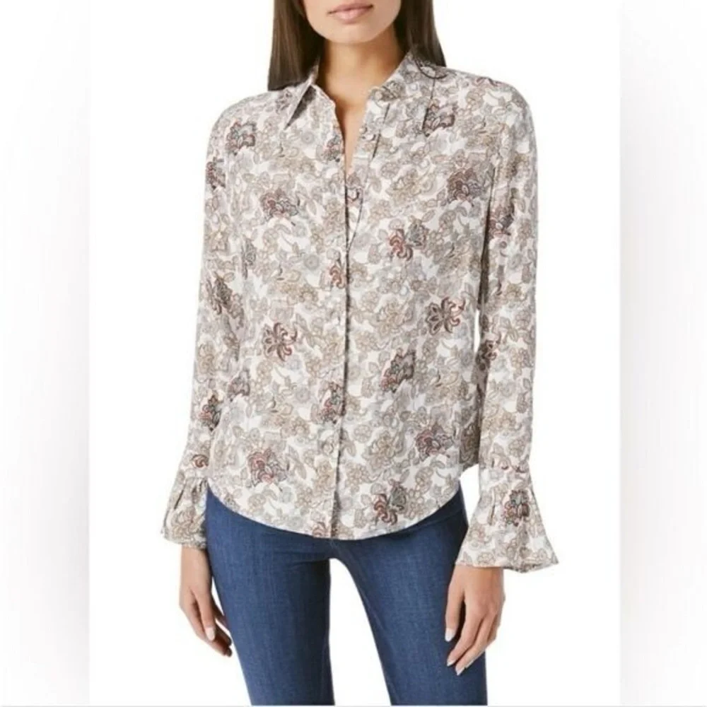 FRAME Silk 70s Ruffle Silk Top Off White Multi Paisley Size Small - Picture 3 of 8